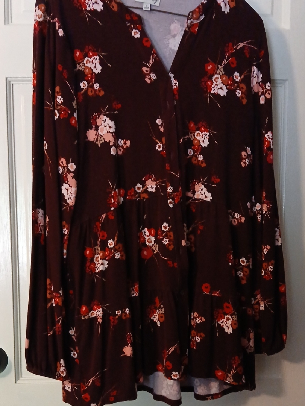 Burgundy Floral Tiered Blouse with Red & Pink Blooms